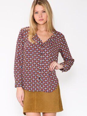 Three Eighty Two Abstract Geometric Print V-Neck Button Up Blouse